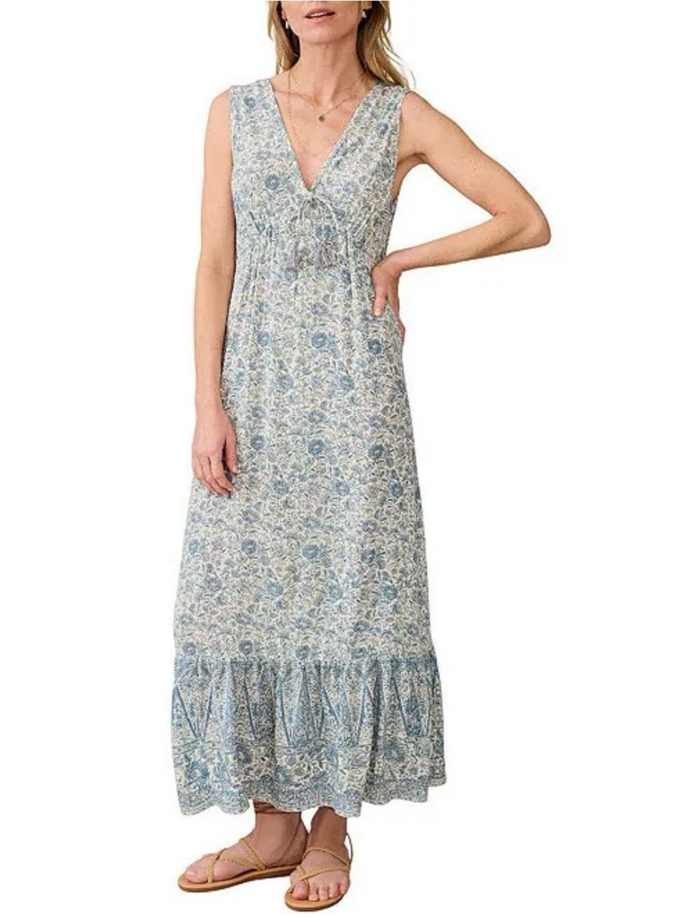 Faherty Eden Woven Floral Print V-Neck Sleeveless A-Line Maxi Dress NWOT